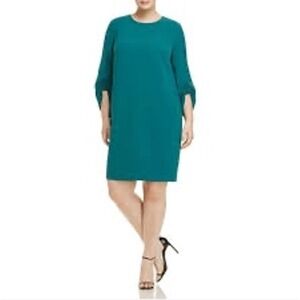 Lafayette 148 New York Size 16 Green Sheath Dress with Ruched 3/4 Sleeves (M572)